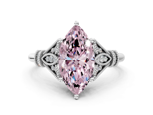 Platinum Fancy Pink Marquise  Diamond Solitaire Ring with Floral Filigree and Pave Accents
