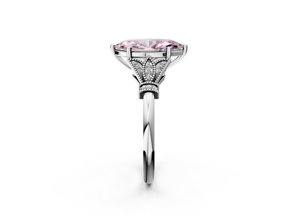 Platinum Fancy Pink Marquise  Diamond Solitaire Ring with Floral Filigree and Pave Accents