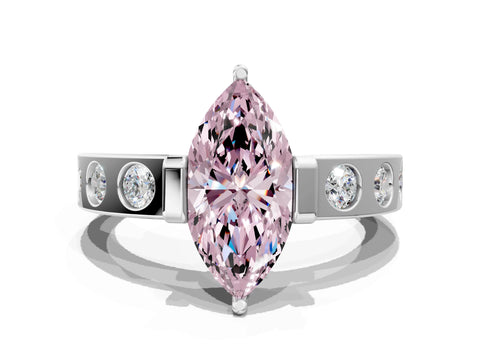 White gold Fancy Pink Marquise Cut Brilliant Channel-Set Diamond Ring with Bezel Prong Setting