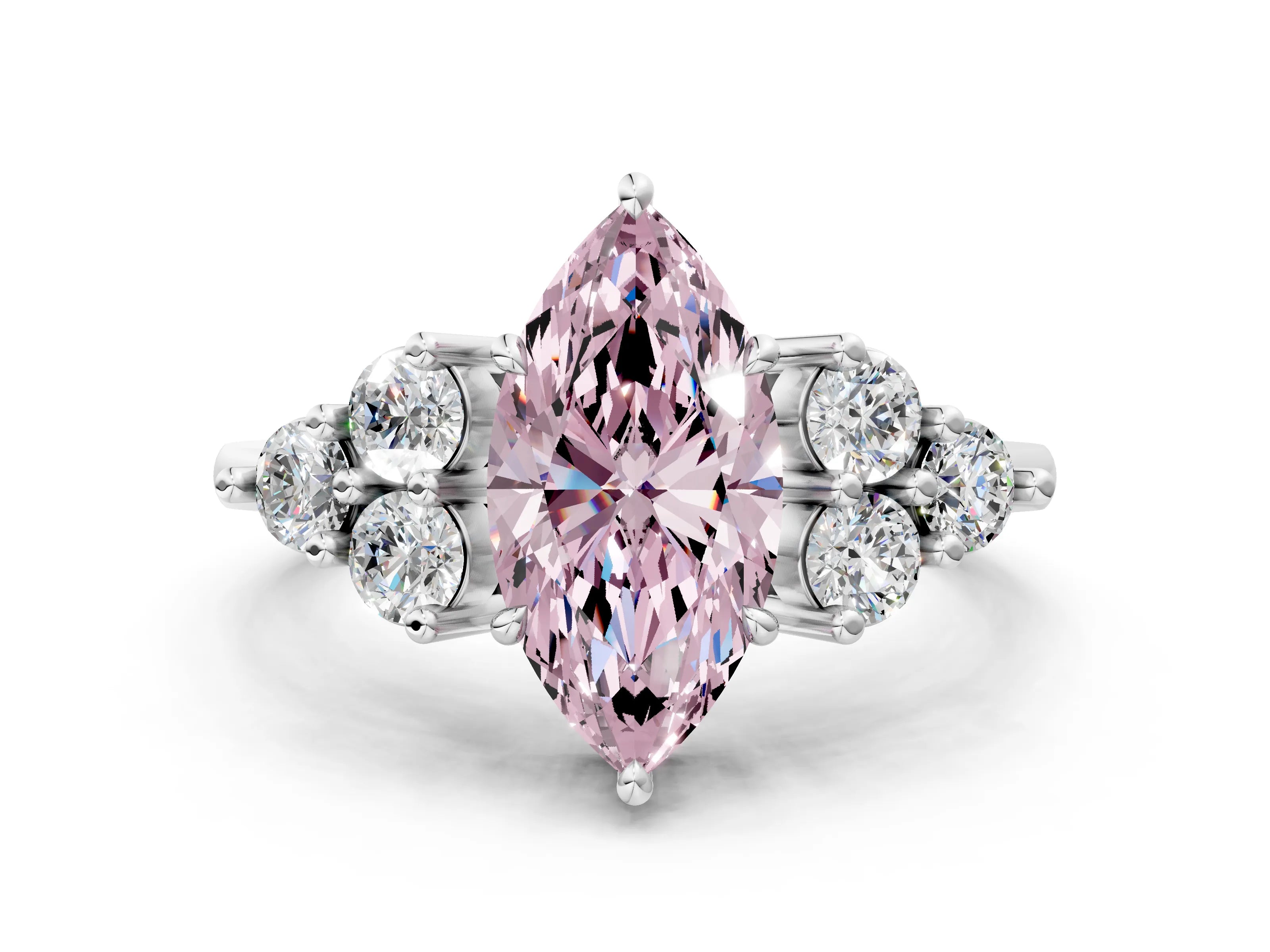 White gold Fancy Pink Marquise Cut Brilliant Diamond Cluster Accent Solitaire Ring with Prong Setting