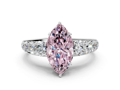 White gold Fancy Pink Marquise Cut Brilliant Diamond Pavé Band with Six-Prong Setting