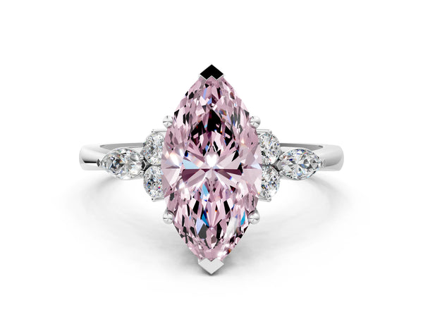 Platinum Fancy Pink Marquise Cut Brilliant Diamond Solitaire Ring with Pear Side Stones and Four-Prong Setting