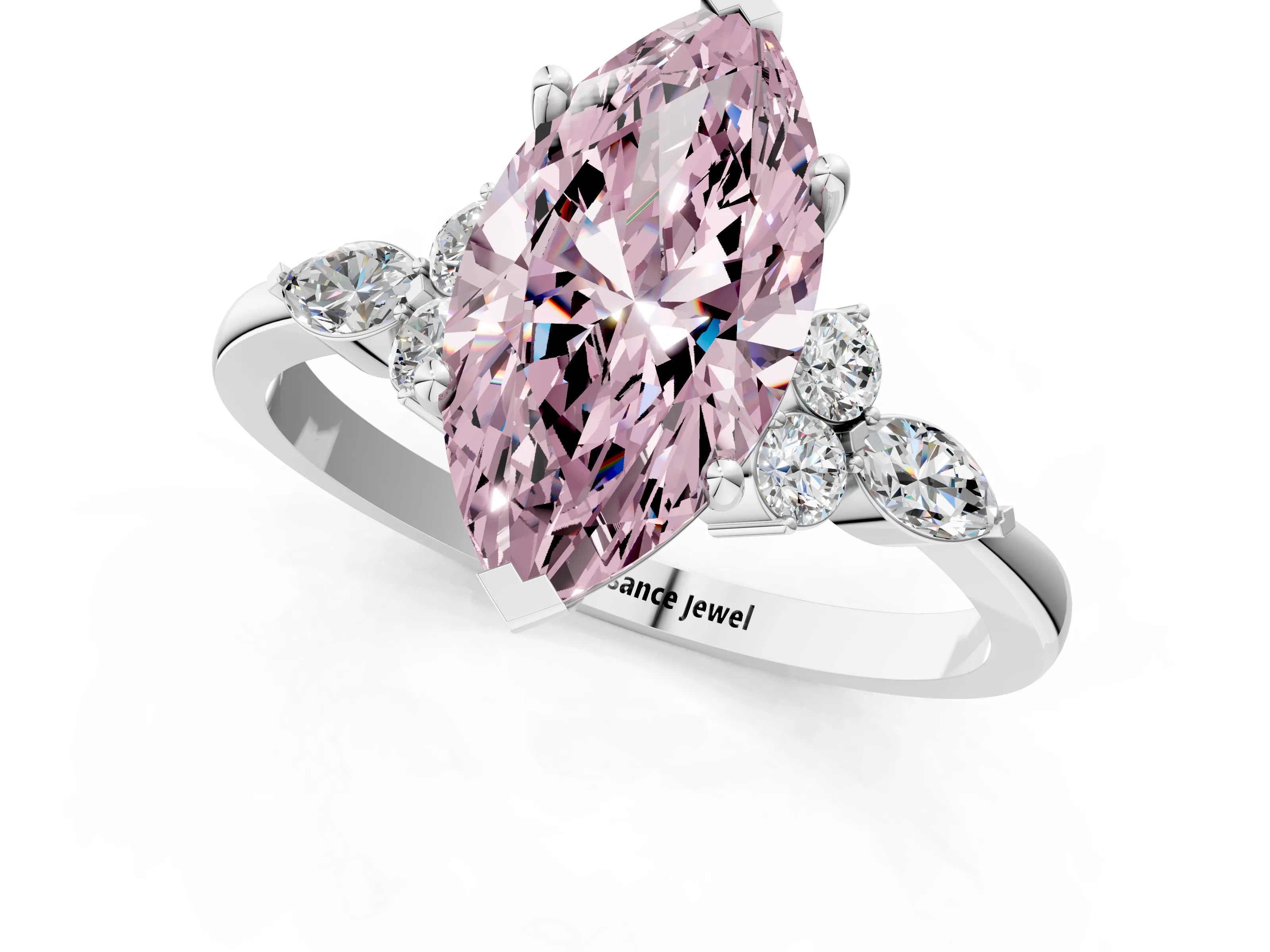 White gold Fancy Pink Marquise Cut Brilliant Diamond Solitaire Ring with Pear Side Stones and Four-Prong Setting_7