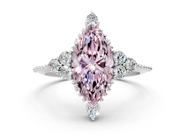 Platinum Fancy Pink Marquise Cut Brilliant Diamond with Cluster Setting on a Beaded Band and Four-Prong Setting