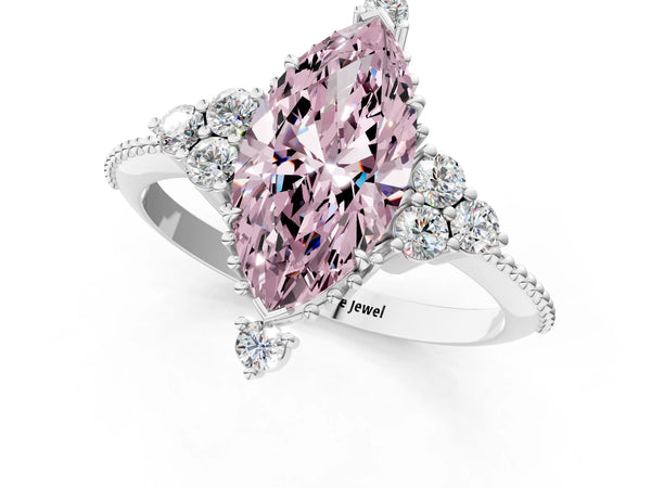 Platinum Fancy Pink Marquise Cut Brilliant Diamond with Cluster Setting on a Beaded Band and Four-Prong Setting