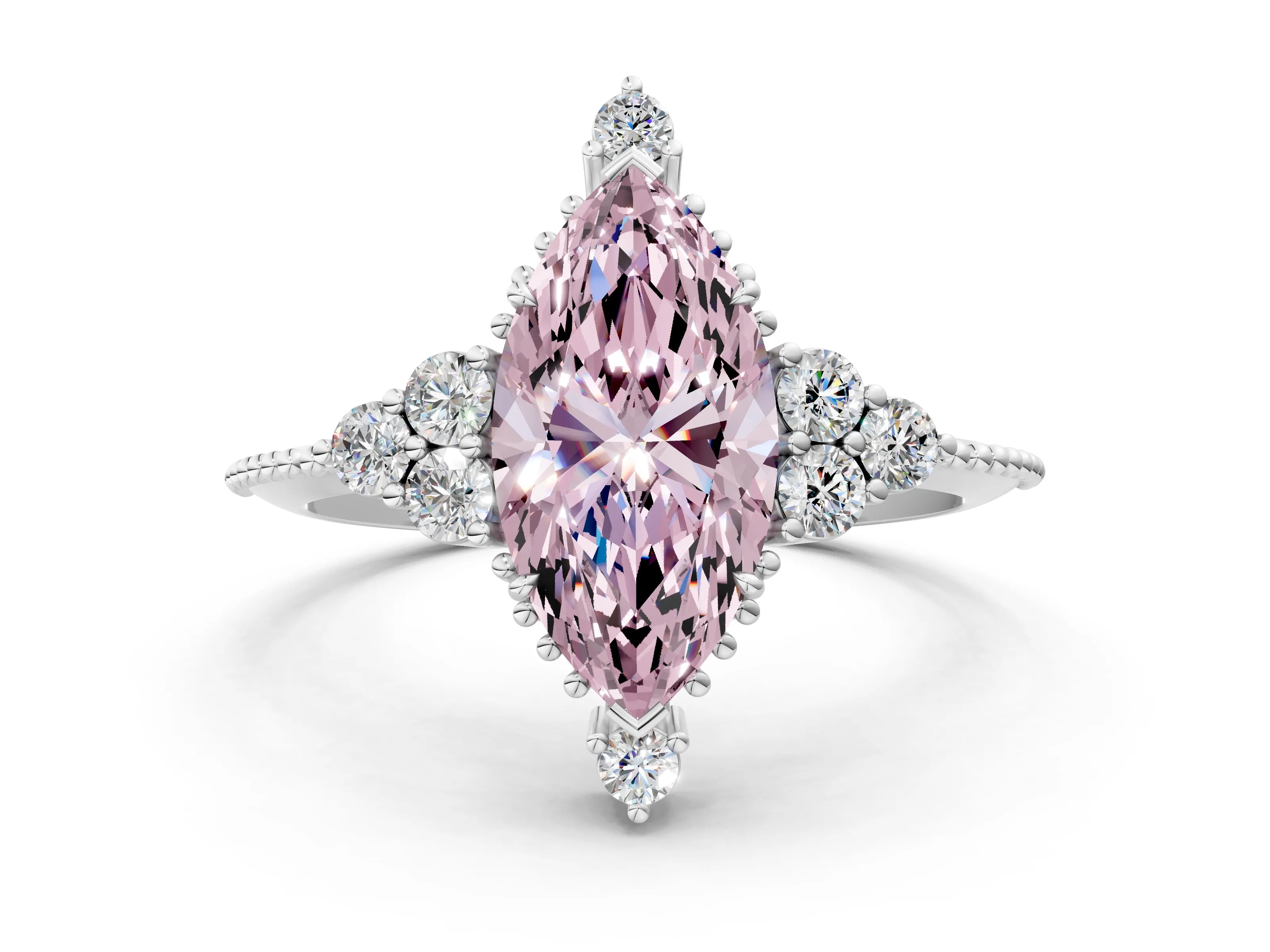 White gold Fancy Pink Marquise Cut Brilliant Diamond with Cluster Setting on a Beaded Band and Four-Prong Setting