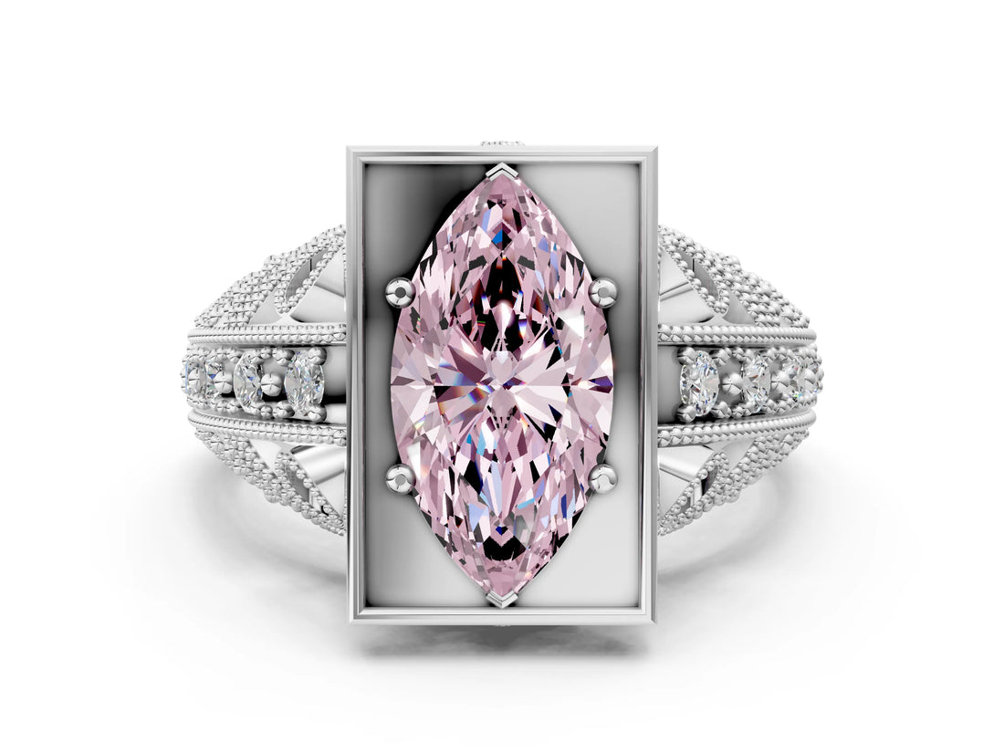 White gold Fancy Pink Marquise Cut Brilliant Milgrain Filigree Diamond Ring with Square Prong Setting