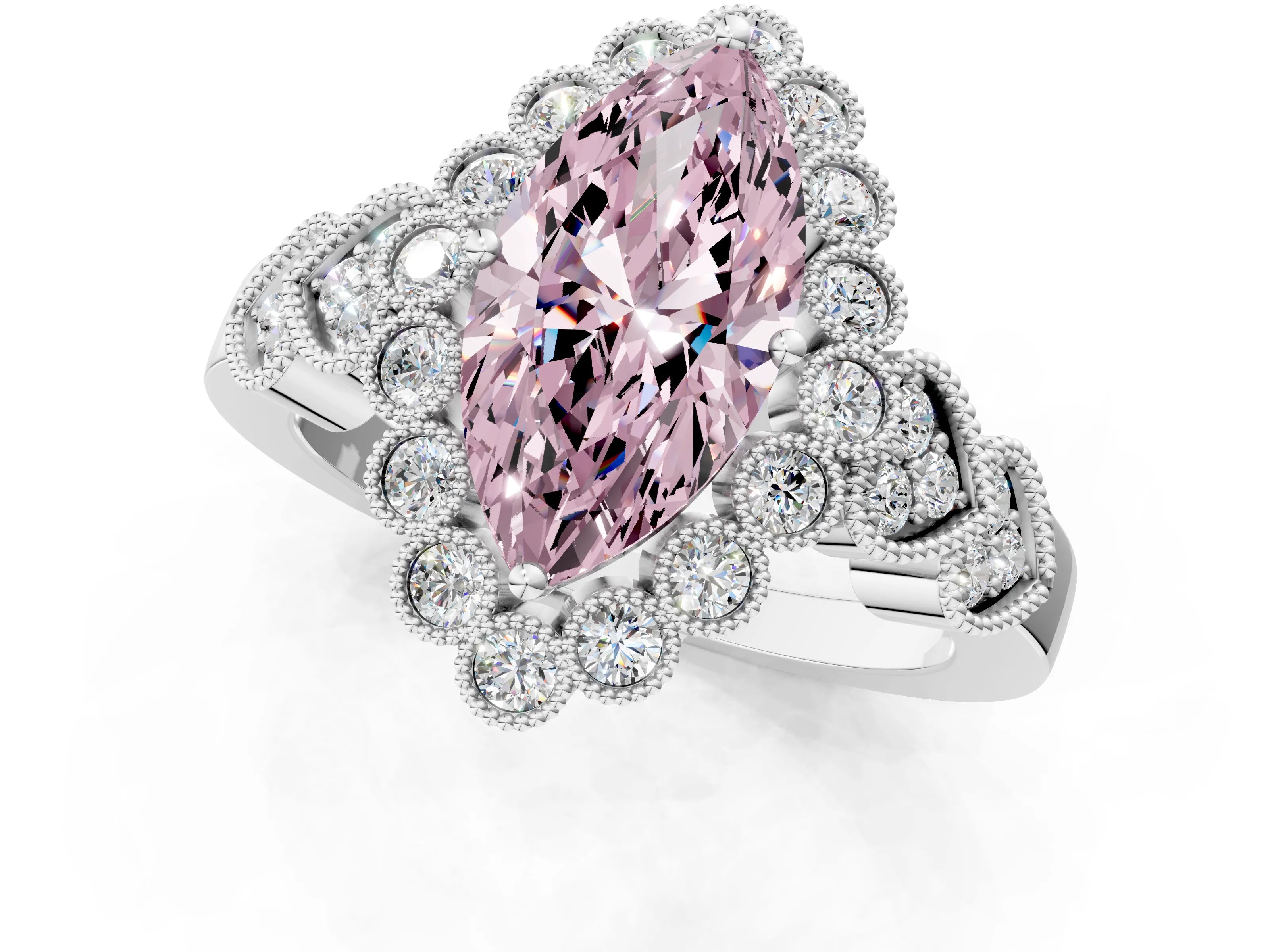 White gold Fancy Pink Marquise Cut Brilliant Milgrain Pave Heart Band Solitaire Ring_1