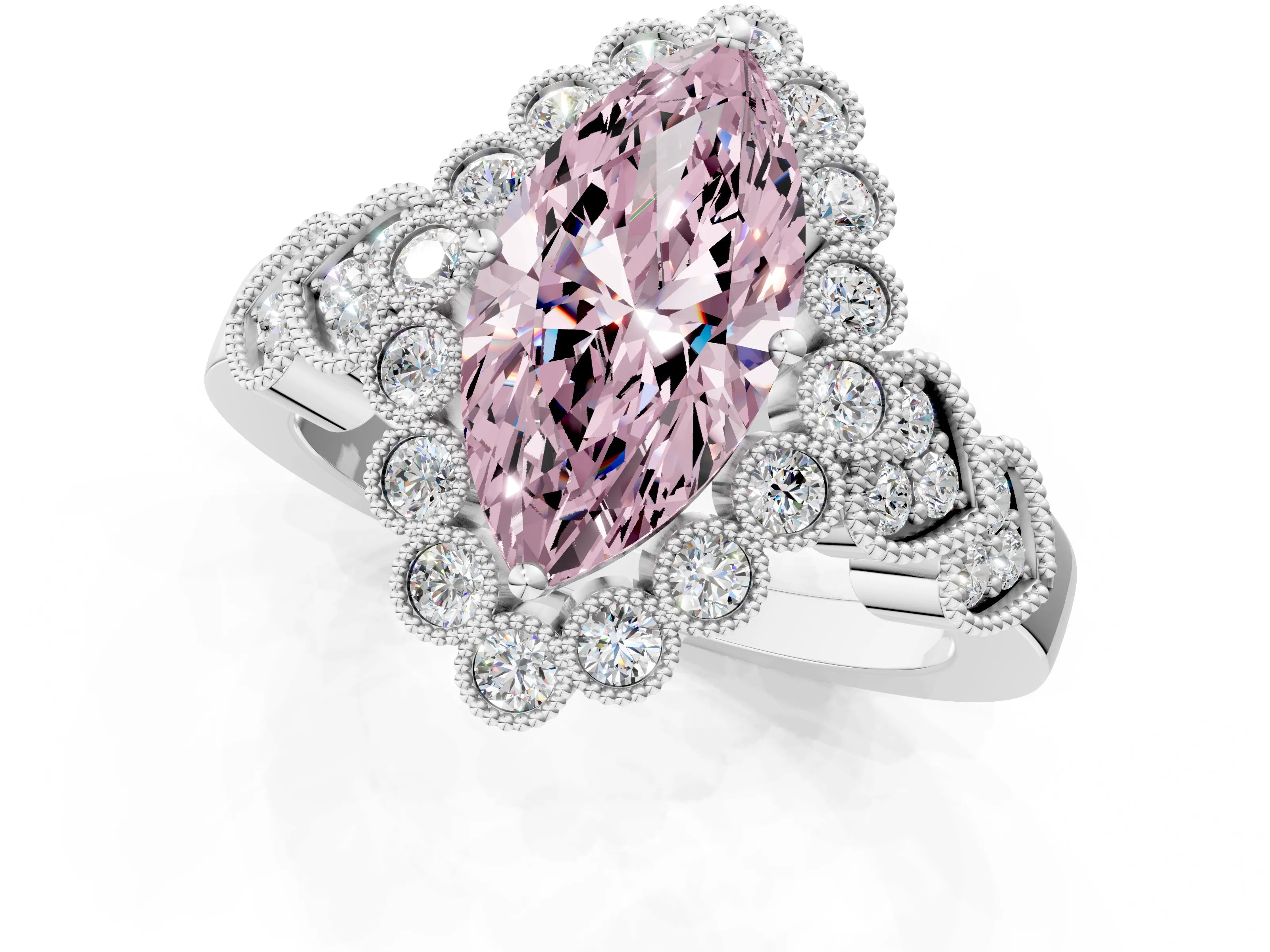 White gold Fancy Pink Marquise Cut Brilliant Milgrain Pave Heart Band Solitaire Ring_1