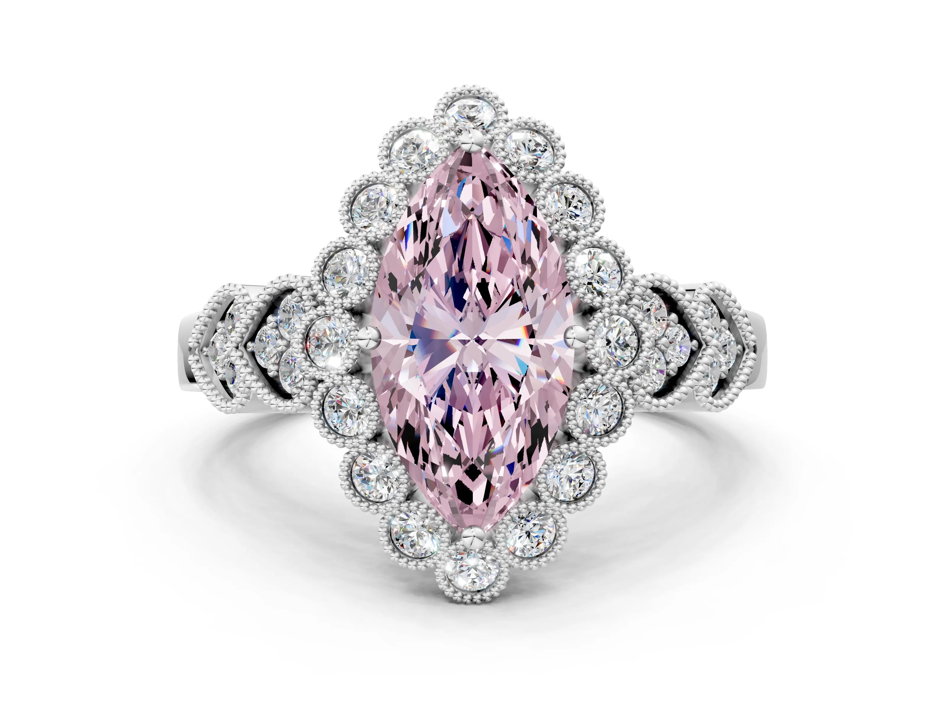 White gold Fancy Pink Marquise Cut Brilliant Milgrain Pave Heart Band Solitaire Ring