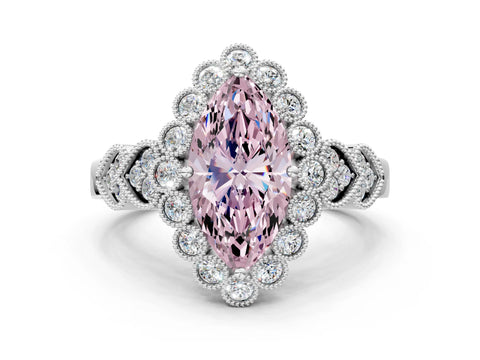White gold Fancy Pink Marquise Cut Brilliant Milgrain Pave Heart Band Solitaire Ring