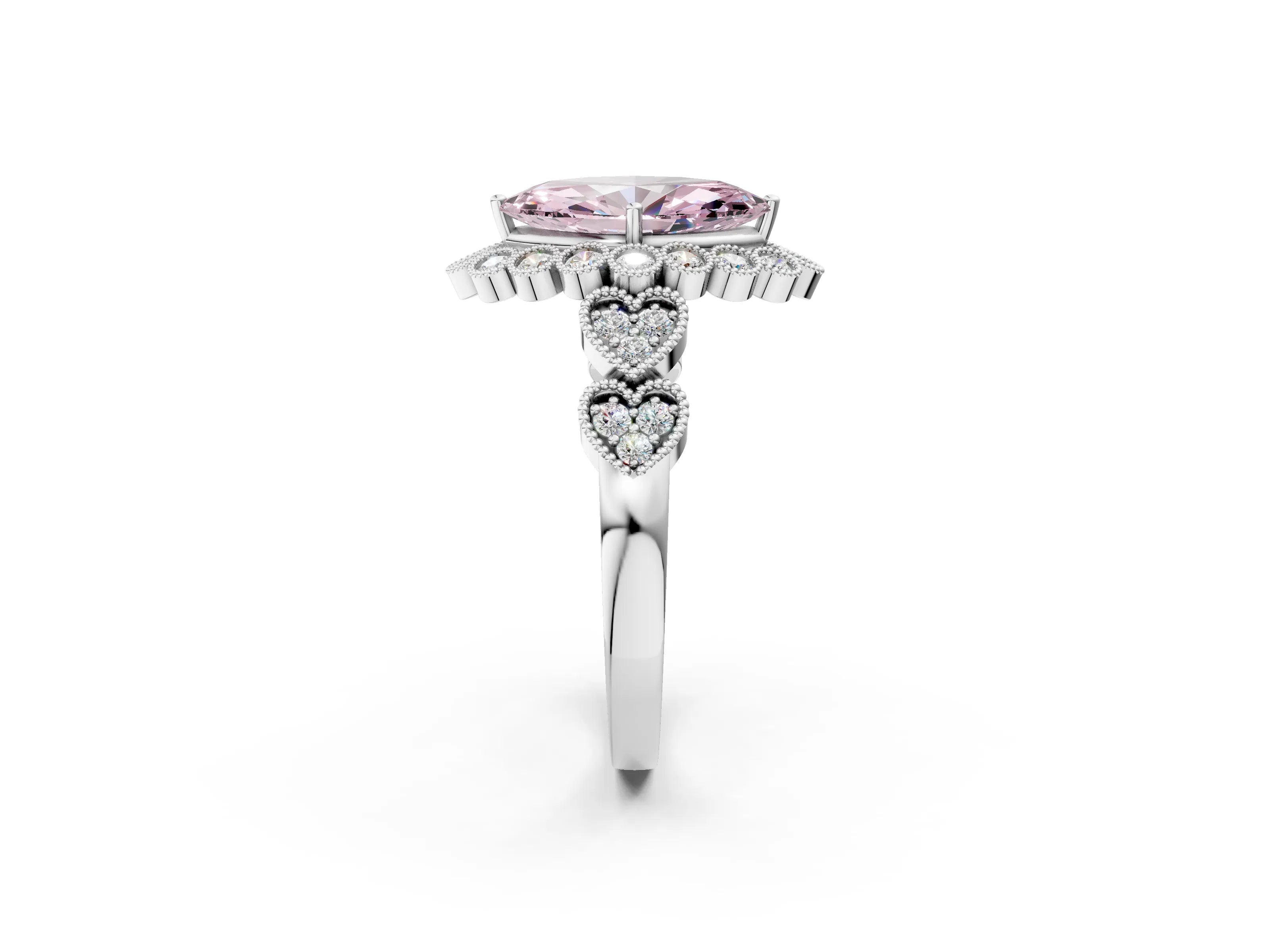 White gold Fancy Pink Marquise Cut Brilliant Milgrain Pave Heart Band Solitaire Ring_2