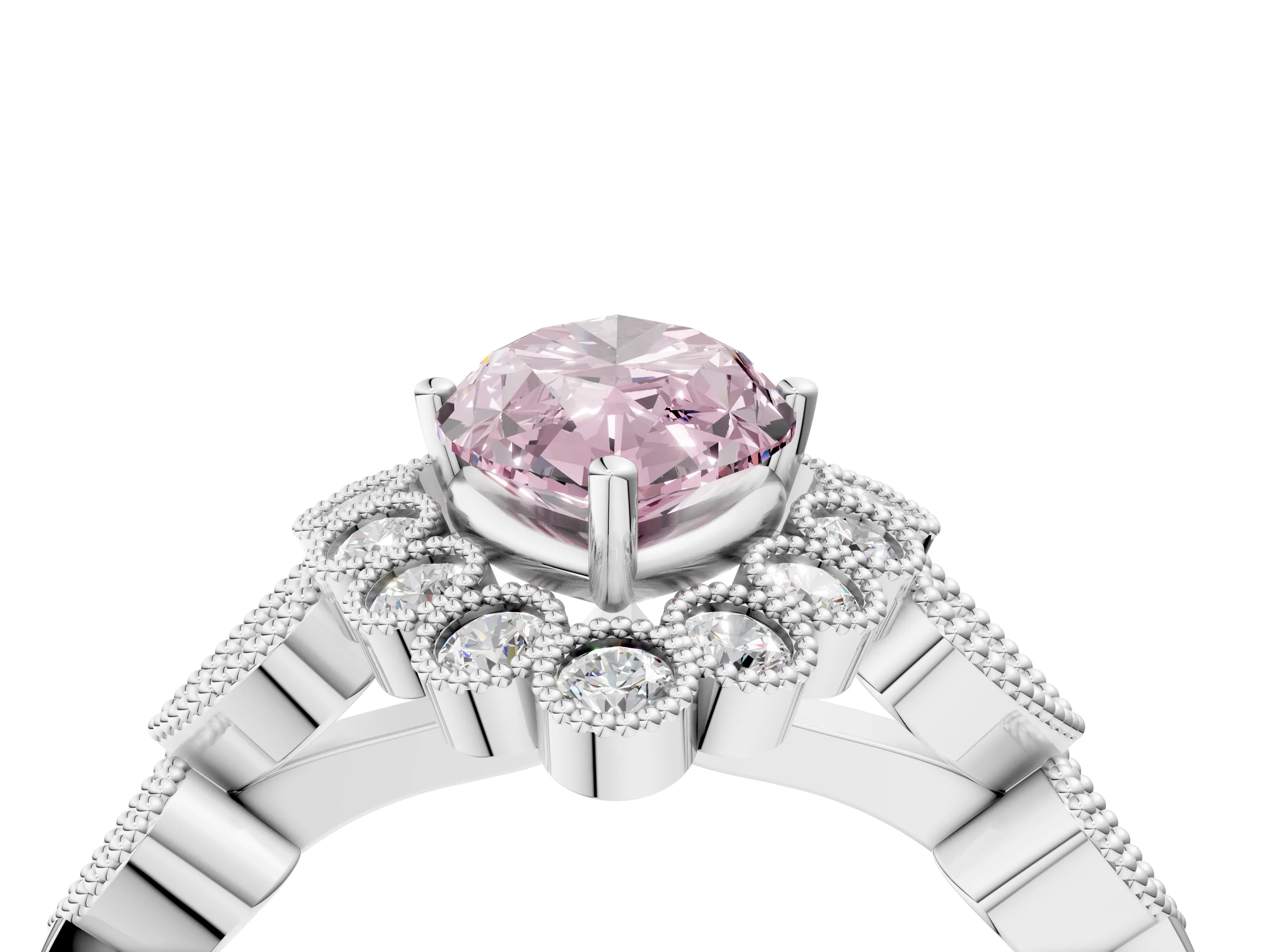 White gold Fancy Pink Marquise Cut Brilliant Milgrain Pave Heart Band Solitaire Ring_4