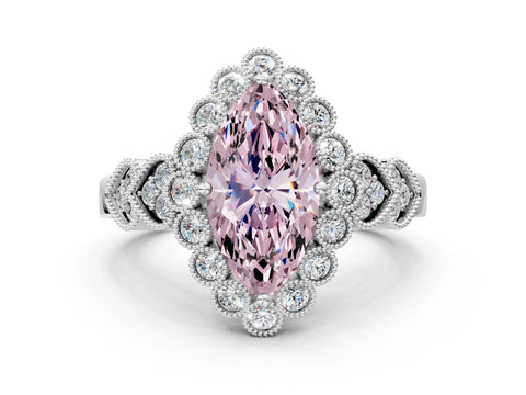 White gold Fancy Pink Marquise Cut Brilliant Milgrain Pave Heart Band Solitaire Ring