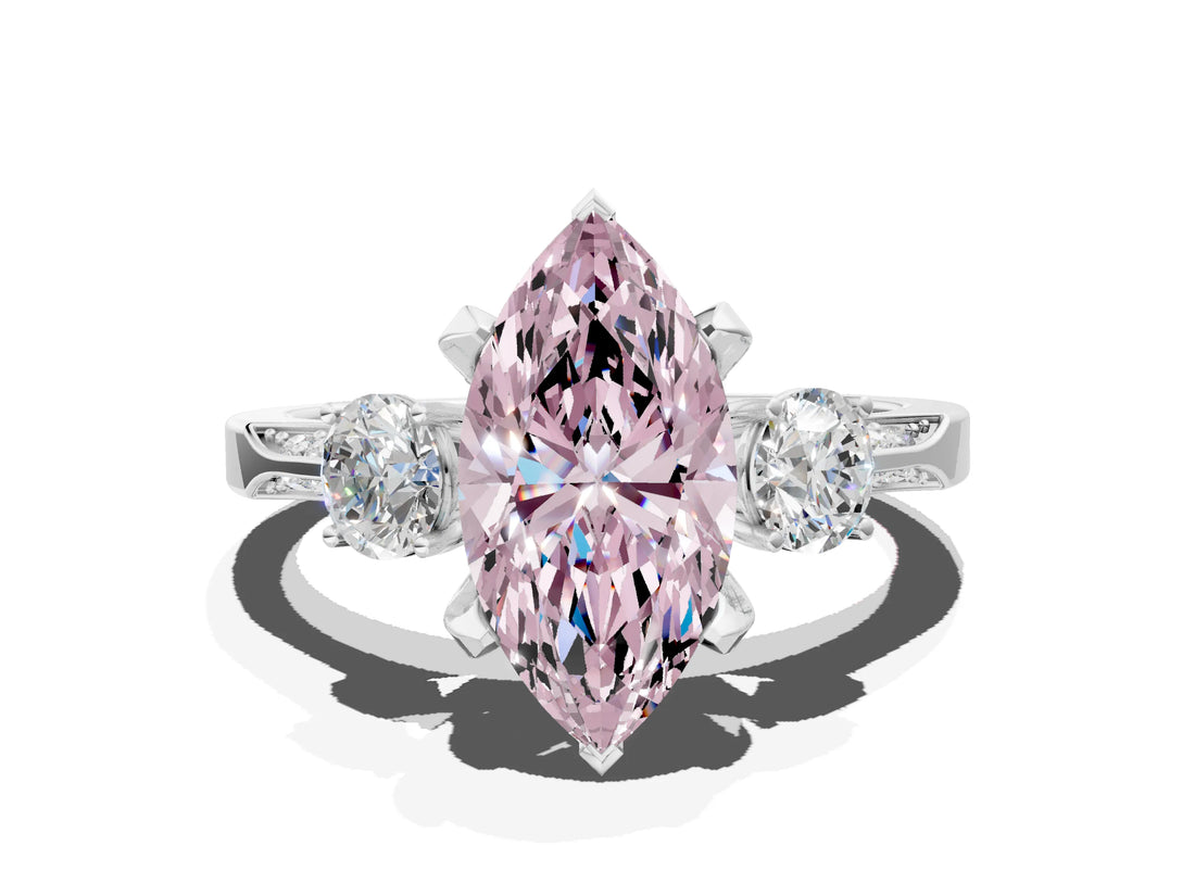 White gold Fancy Pink Marquise Cut Brilliant Three-Stone Diamond Ring with Pavé Band and Four-Prong Setting_15