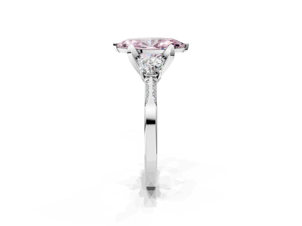 Platinum Fancy Pink Marquise Cut Brilliant Three-Stone Diamond Ring with Pavé Band and Four-Prong Setting