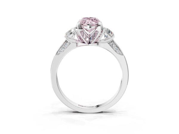 Platinum Fancy Pink Marquise Cut Brilliant Three-Stone Diamond Ring with Pavé Band and Four-Prong Setting