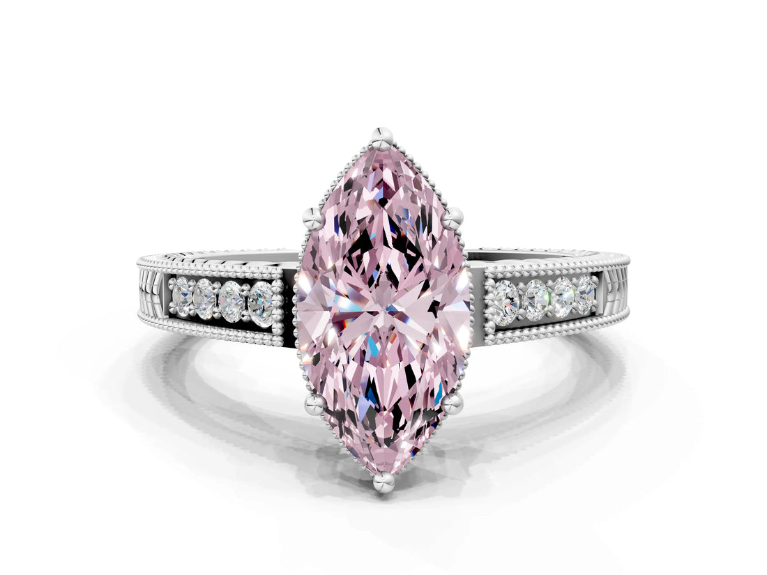 White gold Fancy Pink Marquise Cut Cut Diamond Milgrain Pave Band Four-Prong Setting Ring_15