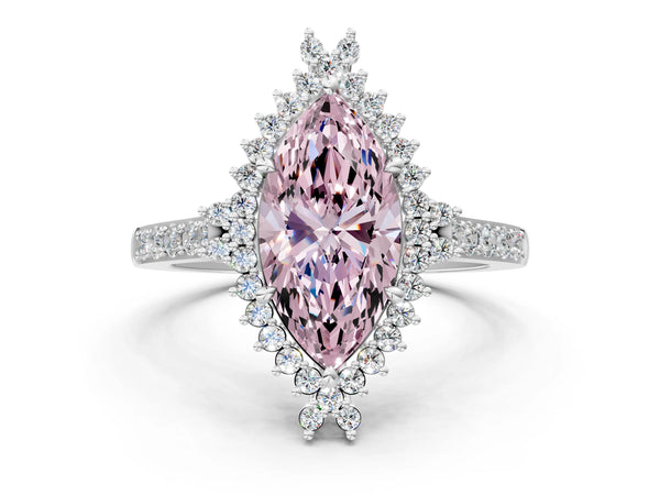 White gold Fancy Pink Marquise Cut Cut Diamond Sunburst Halo Engagement Ring with Pavé Band