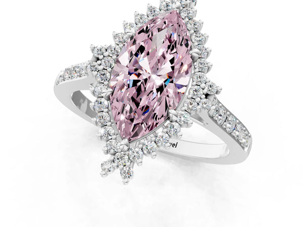 White gold Fancy Pink Marquise Cut Cut Diamond Sunburst Halo Engagement Ring with Pavé Band