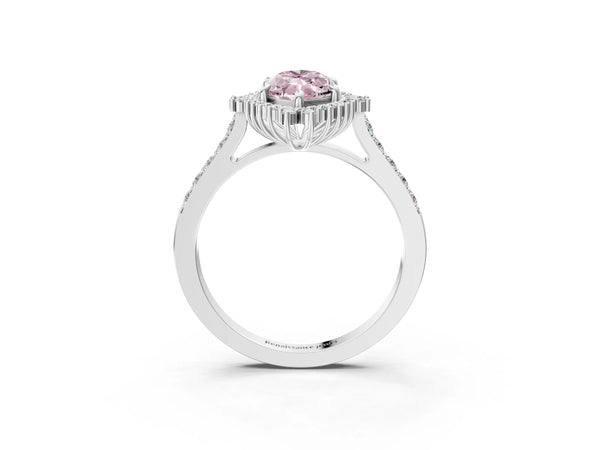White gold Fancy Pink Marquise Cut Cut Diamond Sunburst Halo Engagement Ring with Pavé Band