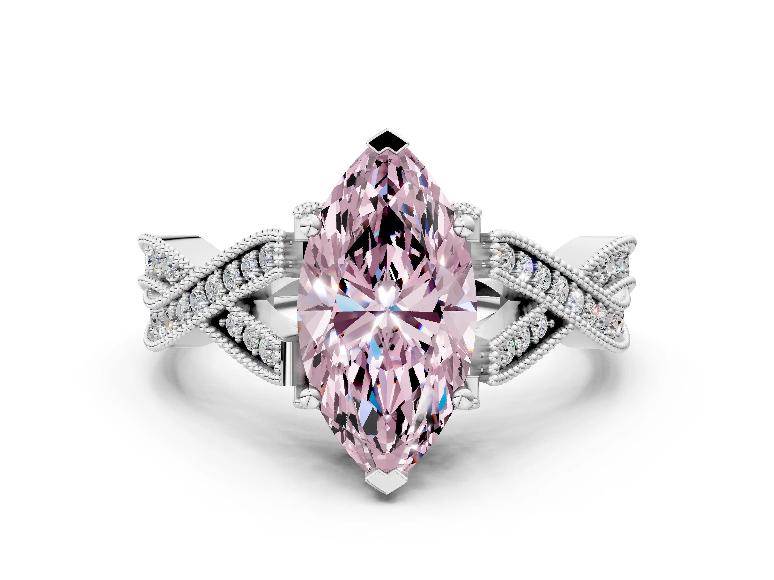 White gold Fancy Pink Marquise Cut Cut Diamond Twisted Band with Milgrain Pave Setting and Four-Prong Setting_12