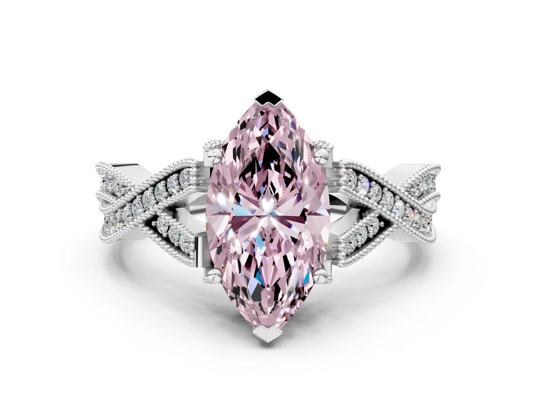 White gold Fancy Pink Marquise Cut Cut Diamond Twisted Band with Milgrain Pave Setting and Four-Prong Setting_12