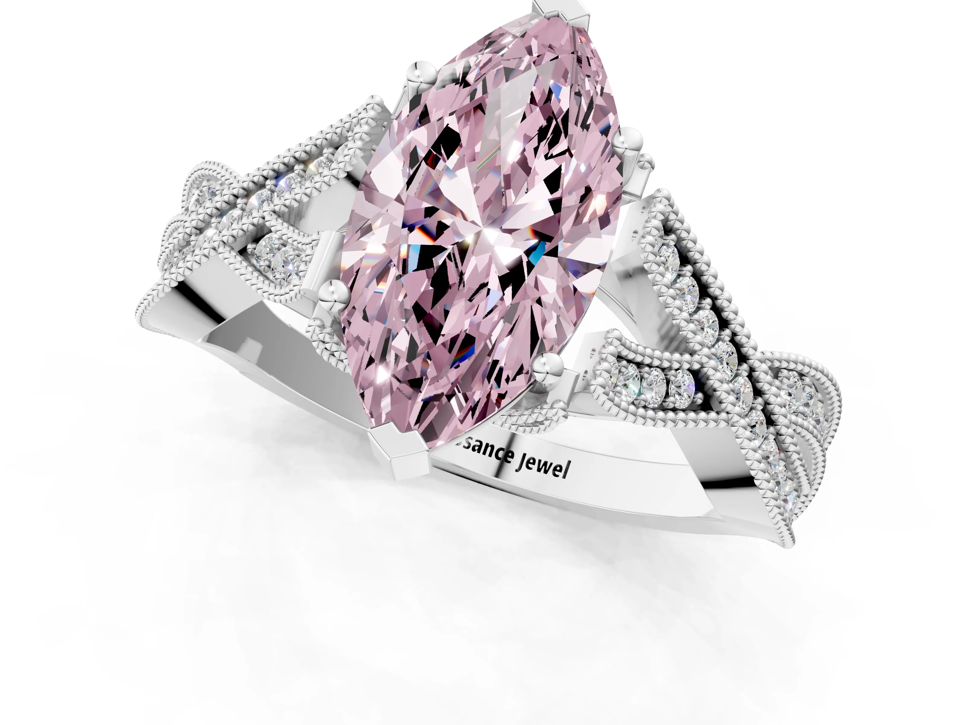 White gold Fancy Pink Marquise Cut Cut Diamond Twisted Band with Milgrain Pave Setting and Four-Prong Setting_13