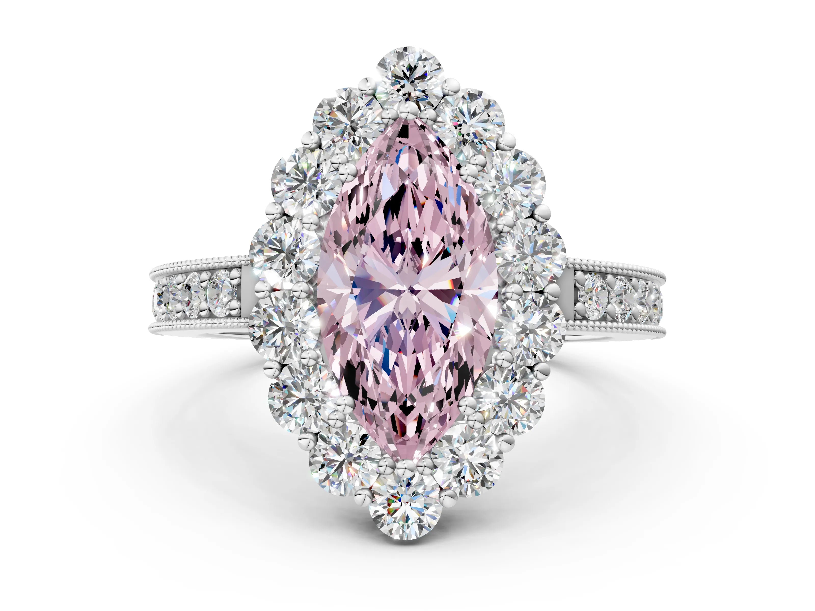 White gold Fancy Pink Marquise Cut Cut Halo Diamond Pavé Engagement Ring with Milgrain Detailing_12