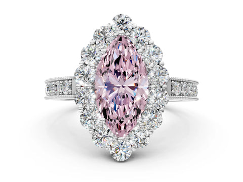 White gold Fancy Pink Marquise Cut Cut Halo Diamond Pavé Engagement Ring with Milgrain Detailing_12