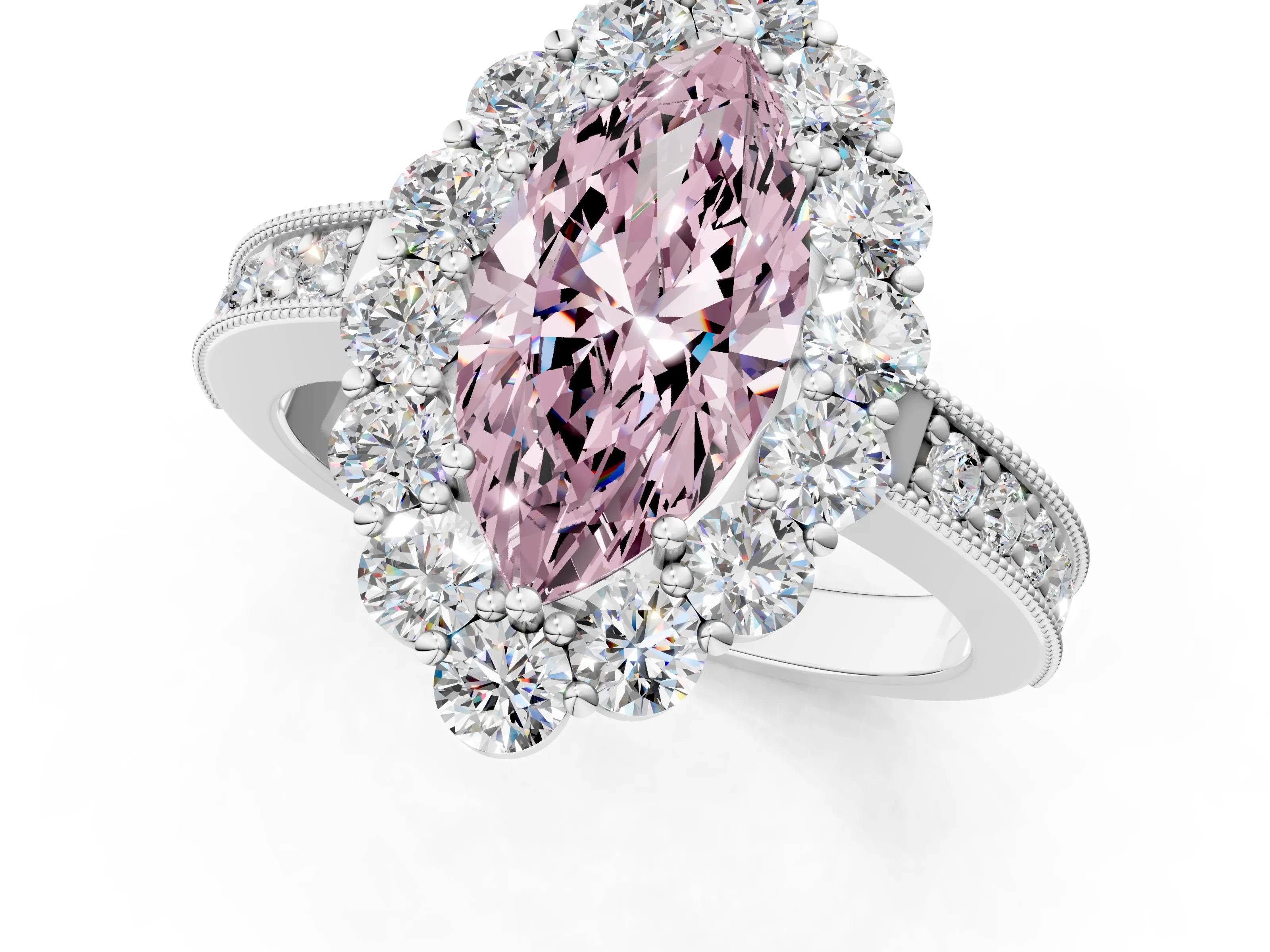 White gold Fancy Pink Marquise Cut Cut Halo Diamond Pavé Engagement Ring with Milgrain Detailing_13