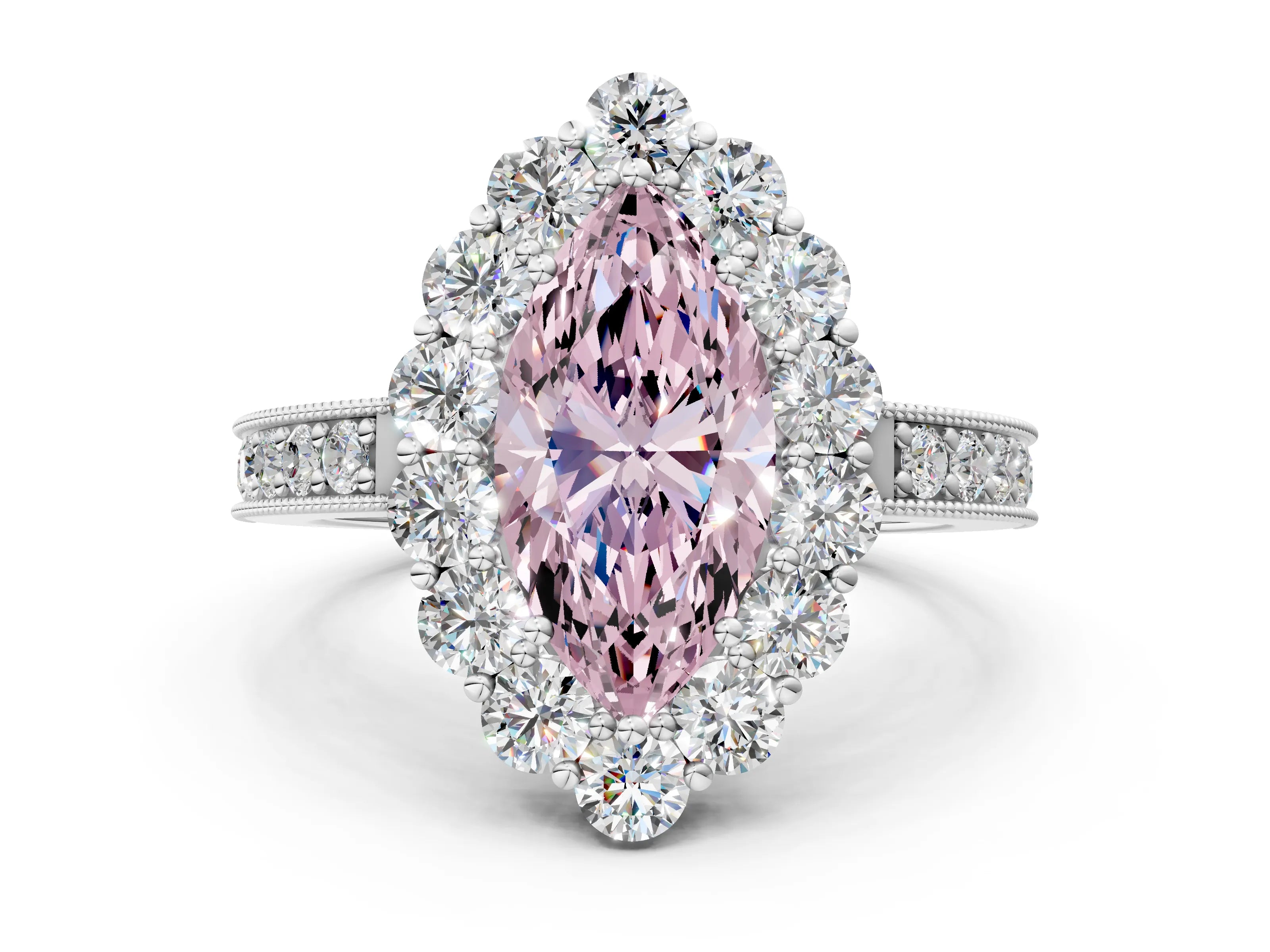 White gold Fancy Pink Marquise Cut Cut Halo Diamond Pavé Engagement Ring with Milgrain Detailing_48