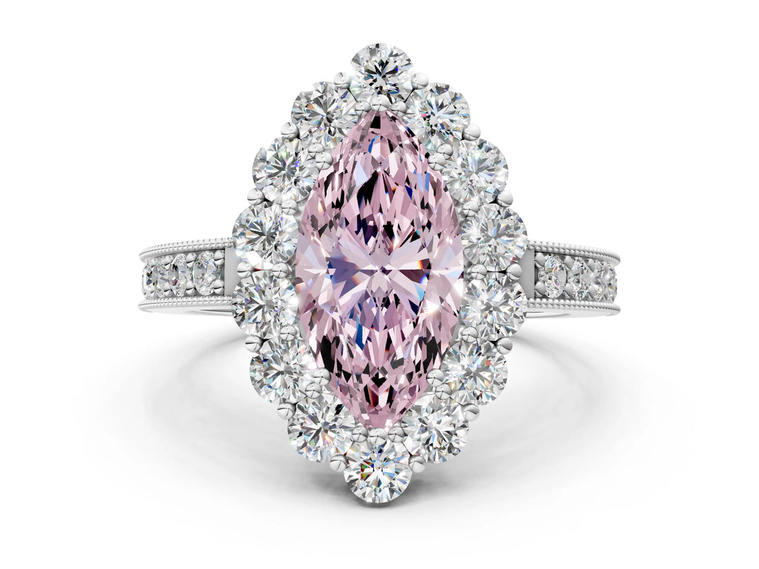 White gold Fancy Pink Marquise Cut Cut Halo Diamond Pavé Engagement Ring with Milgrain Detailing_48