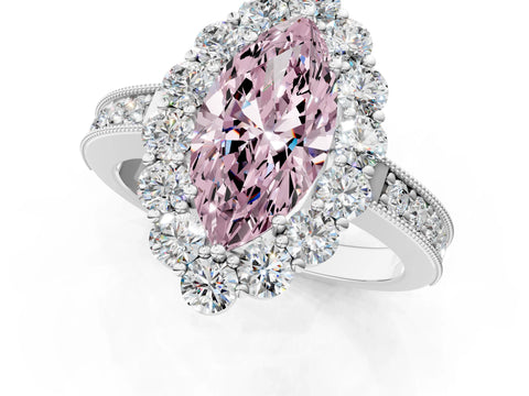 White gold Fancy Pink Marquise Cut Cut Halo Diamond Pavé Engagement Ring with Milgrain Detailing_49