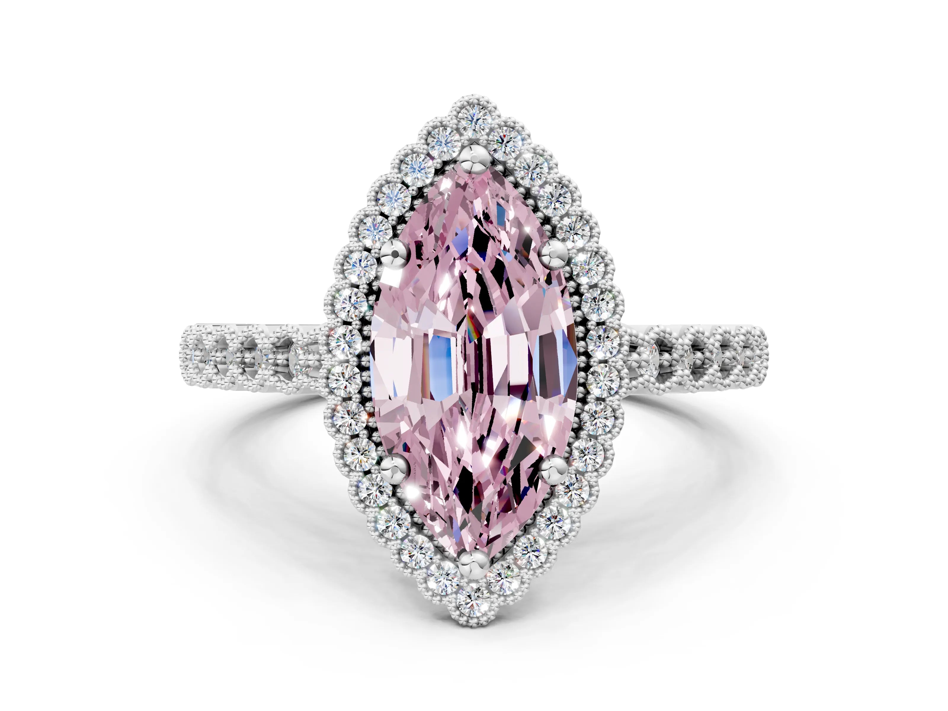 White gold Fancy Pink Marquise Cut Cut Halo Pavé Solitaire Ring with Milgrain Band_12