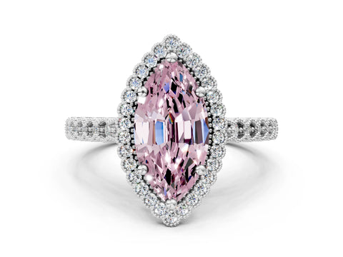 White gold Fancy Pink Marquise Cut Cut Halo Pavé Solitaire Ring with Milgrain Band_12