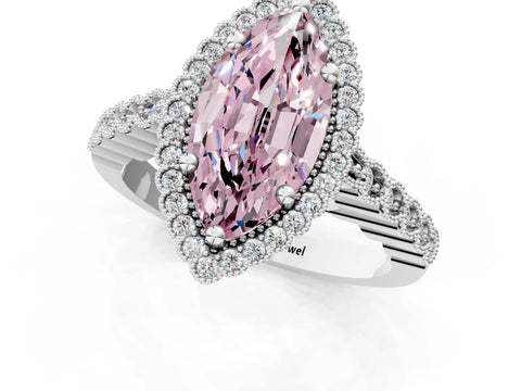White gold Fancy Pink Marquise Cut Cut Halo Pavé Solitaire Ring with Milgrain Band_13