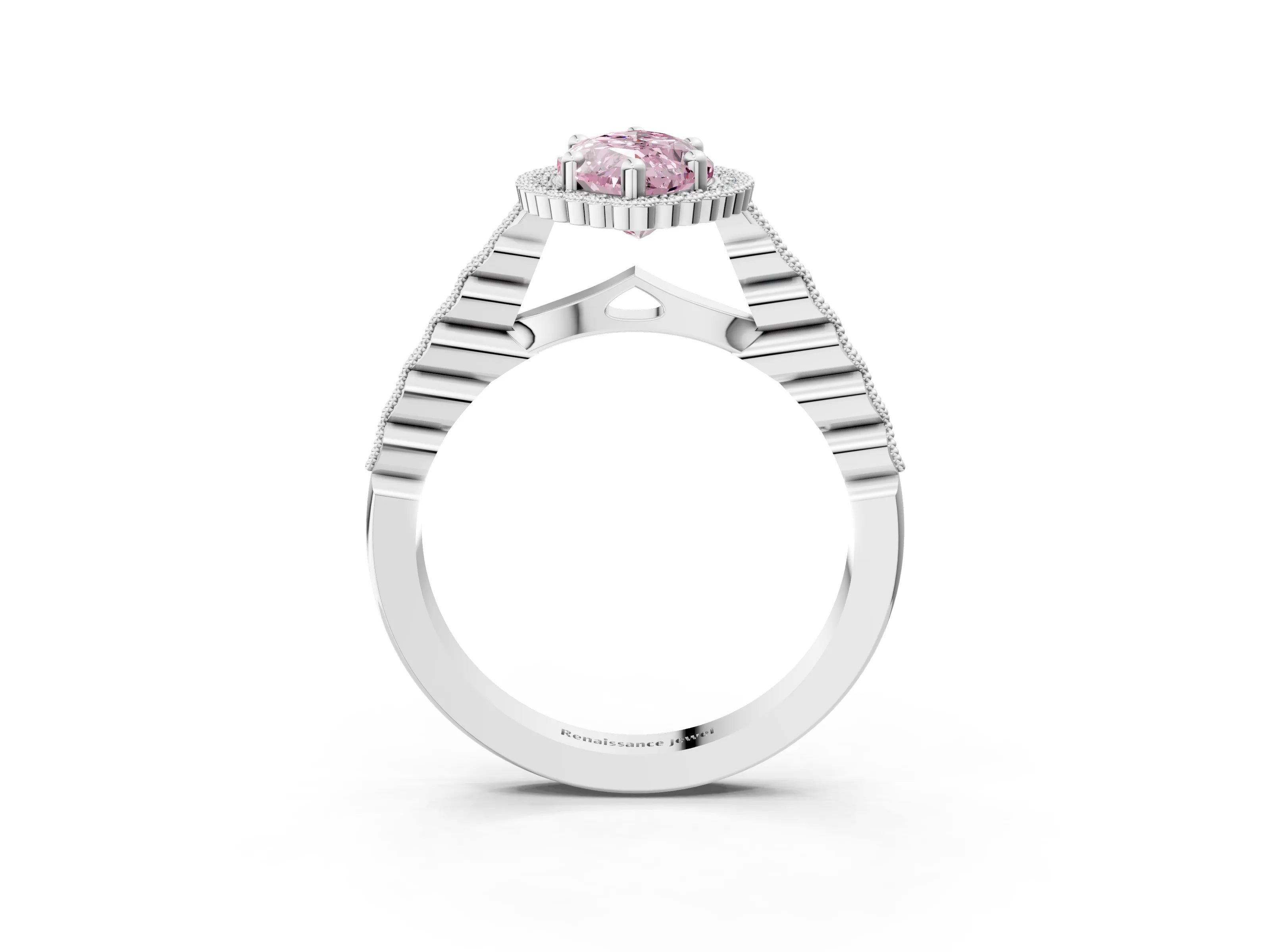 White gold Fancy Pink Marquise Cut Cut Halo Pavé Solitaire Ring with Milgrain Band_15