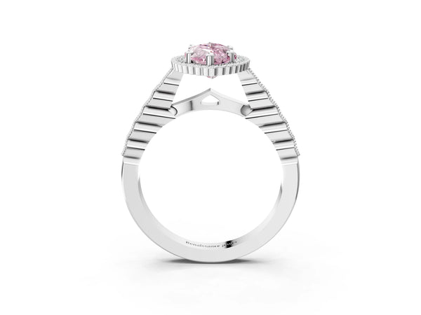 White gold Fancy Pink Marquise Cut Cut Halo Pavé Solitaire Ring with Milgrain Band
