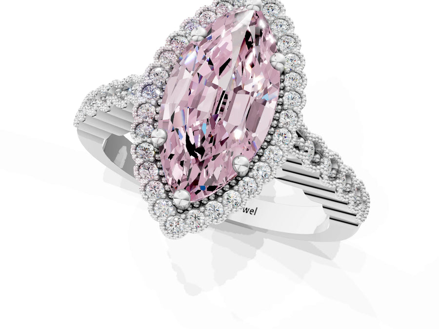 White gold Fancy Pink Marquise Cut Cut Halo Pavé Solitaire Ring with Milgrain Band