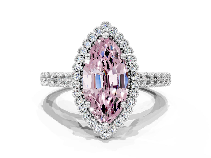 White gold Fancy Pink Marquise Cut Cut Halo Pavé Solitaire Ring with Milgrain Band