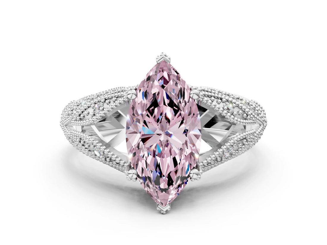 White gold Fancy Pink Marquise Cut Cut Milgrain Pave Diamond Engagement Ring with Four-Prong Setting_3