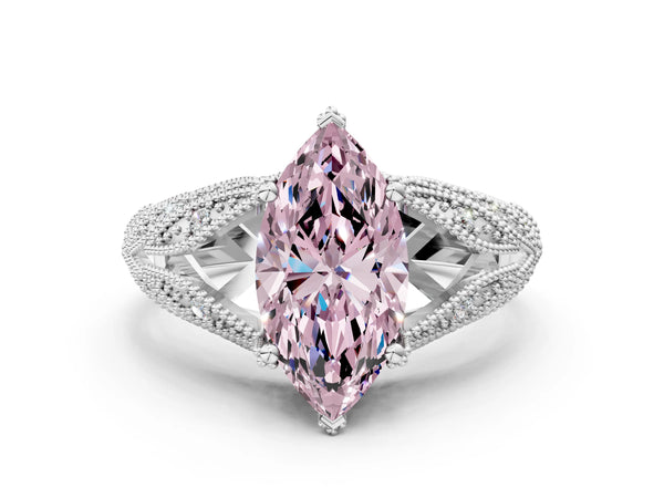 White gold Fancy Pink Marquise Cut Cut Milgrain Pave Diamond Engagement Ring with Four-Prong Setting