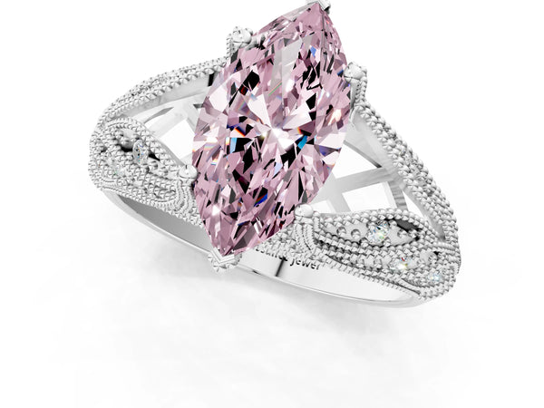 White gold Fancy Pink Marquise Cut Cut Milgrain Pave Diamond Engagement Ring with Four-Prong Setting