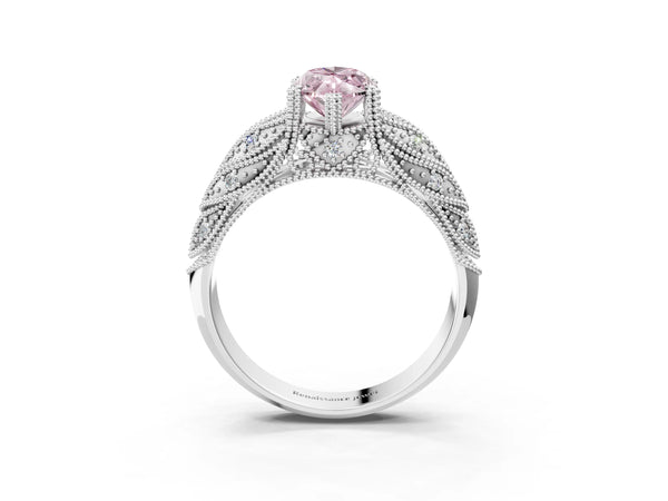White gold Fancy Pink Marquise Cut Cut Milgrain Pave Diamond Engagement Ring with Four-Prong Setting