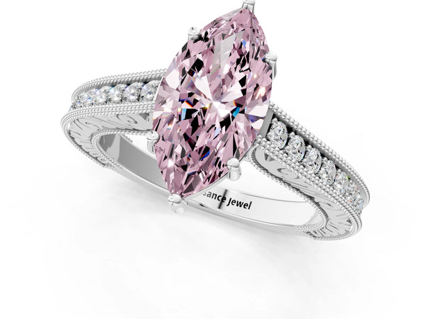 White gold Fancy Pink Marquise Cut Cut Pave Band Milgrain Solitaire Ring