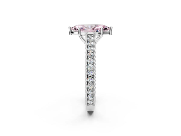 White gold Fancy Pink Marquise Cut Cut Pave Band Milgrain Solitaire Ring