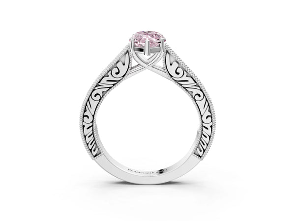 White gold Fancy Pink Marquise Cut Cut Pave Band Milgrain Solitaire Ring