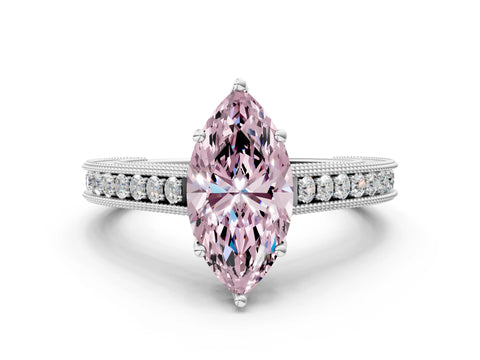 White gold Fancy Pink Marquise Cut Cut Pave Band Milgrain Solitaire Ring