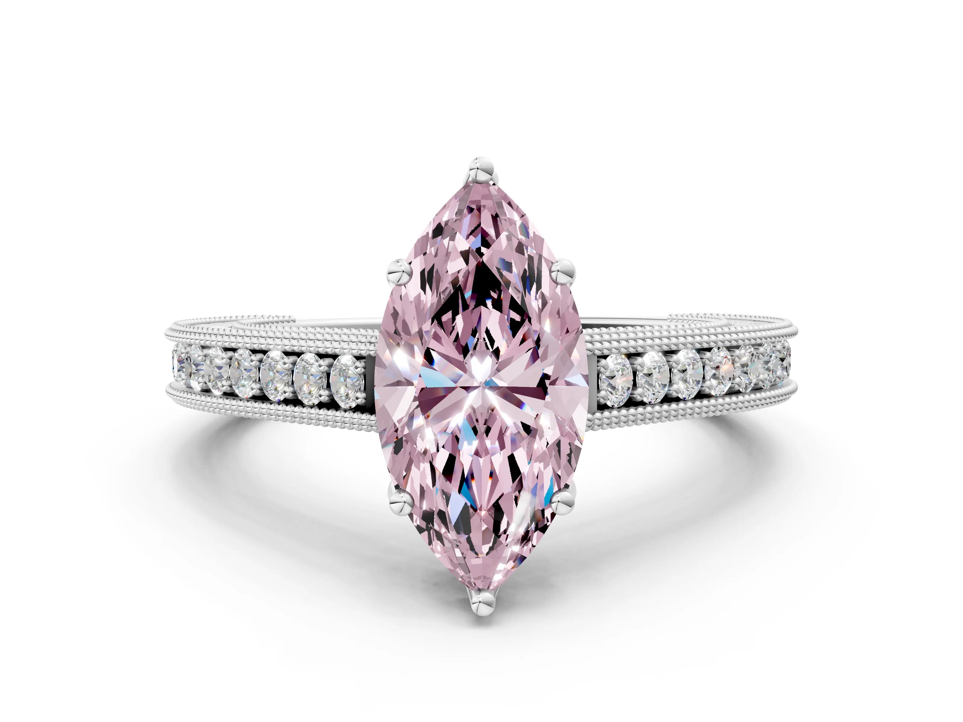 White gold Fancy Pink Marquise Cut Cut Pave Band Milgrain Solitaire Ring